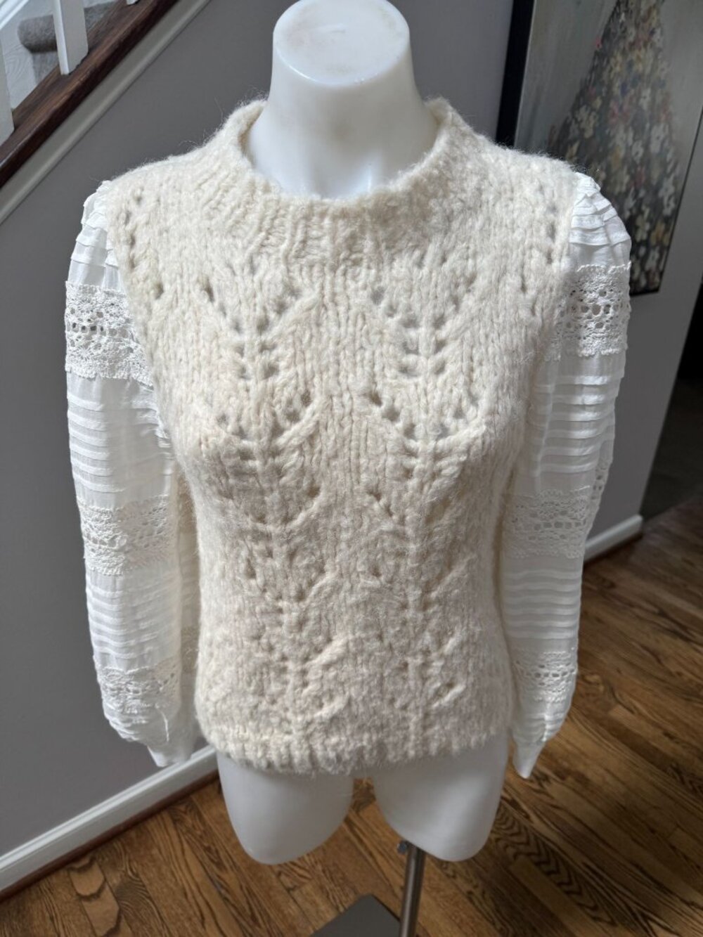 Sea NY Ellie Alpaca Wool Balloon Sleeve Lace Sweater White Size Small - Picture 2 of 3